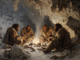 Atmospheric illustration of a group of Neanderthals inside a cave during winter, gathered around a warm fire to prepare hunted prey, highlighting survival, resourcefulness