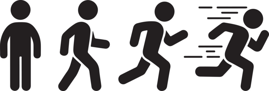 Running and walking people icons. Man stands, walk and run illustration. People symbol. Run, walk, stand. Vector illustration
