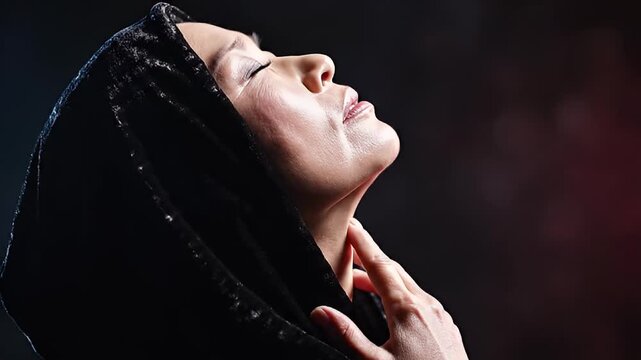 Woman in Thoughtful Pose with Eyes Closed, Hand Touching Chin, Deep in Contemplation