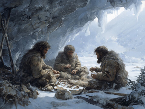 Atmospheric illustration of a group of Neanderthals inside a cave during winter, gathered around a warm fire to prepare hunted prey, highlighting survival, resourcefulness