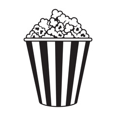 A black and white illustration of a striped bucket filled with popcorn