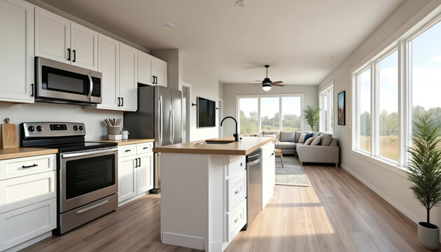 Modern open plan kitchen flows into bright living room. White cabinets and wood counters. Large windows offer natural light and scenic outdoor views. Comfortable sofa arrangement.