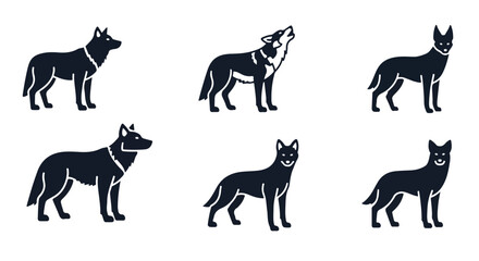 Obraz premium Silhouettes of six carnivorous animals, various dog breeds in different poses, against a clean white background with a minimalist style.