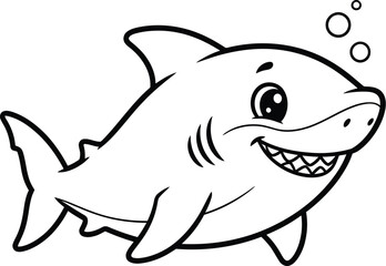 Fototapeta premium Cute Cartoon Shark Outline Vector Illustration, Smiling Baby Shark Line Art Design