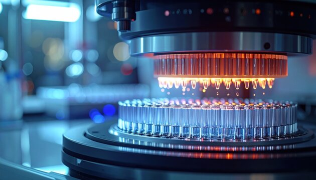 A FlyPro Firefly PCR thermal cycler with its heated lid closing precisely over an array of glowing sample tubes, captured in photorealistic DSLR style with clean laboratory lighting.