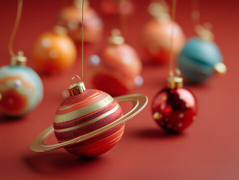 Creative holiday illustration featuring Christmas tree ornaments designed in the form of the solar system planets, each uniquely colored and textured