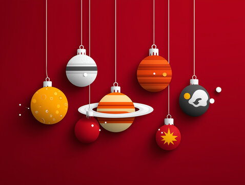 Creative holiday illustration featuring Christmas tree ornaments designed in the form of the solar system planets, each uniquely colored and textured