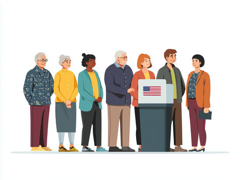 Conceptual illustration depicting a diverse group of Americans from different generations standing in a row holding ballots, ready to vote