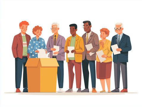 Conceptual illustration depicting a diverse group of Americans from different generations standing in a row holding ballots, ready to vote