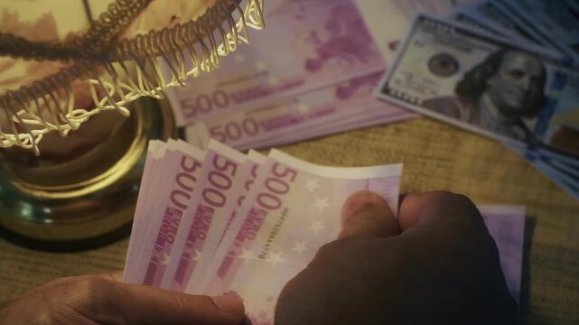 A close-up view shows someone counting a large stack of 500 Euro notes. In the background, US dollar bills are also visible, suggesting a mix of currencies.