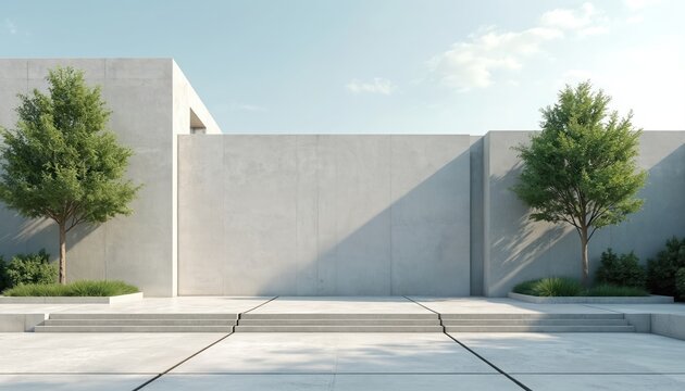 Modern concrete architecture with trees and clear blue sky. Minimalist outdoor space with geometric shapes and clean lines. Sunlight casts long shadows on paved ground.