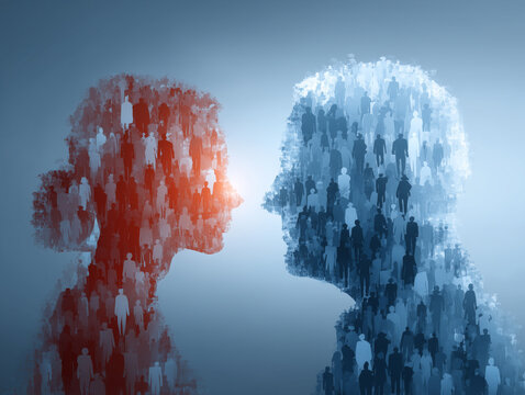 Conceptual illustration depicting a political standoff between two U.S. parties, represented by a man in red and a woman in blue facing each other