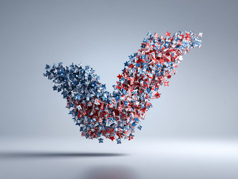 Conceptual illustration of a voting checkmark rendered in red and blue colors, symbolizing the moment of decision in U.S. elections and the choice between two parties