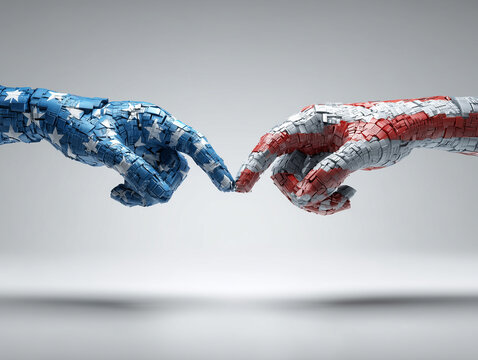 Conceptual illustration showing a blue hand and a red hand pointing toward the slot of a ballot box, representing the moment of decision in U.S. elections and the choice between two parties