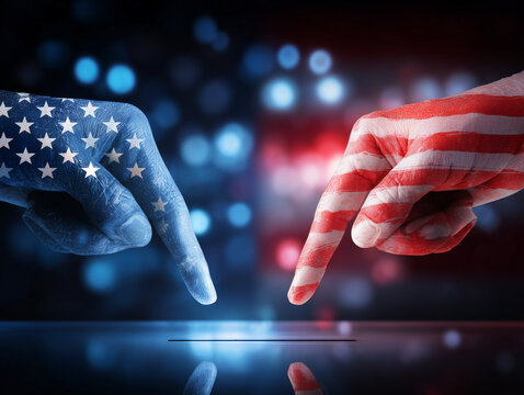 Conceptual illustration showing a blue hand and a red hand pointing toward the slot of a ballot box, representing the moment of decision in U.S. elections and the choice between two parties