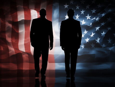 Dramatic conceptual illustration showing silhouettes of two political leaders &mdash; one representing the red party and the other the blue