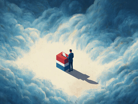 Moody conceptual illustration of a man standing alone at a ballot box, illuminated by a single beam of light while surrounded by fog and storm clouds
