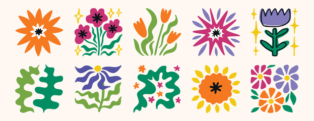 Creative flower poster style collection, bold colorful floral illustrations in square layout