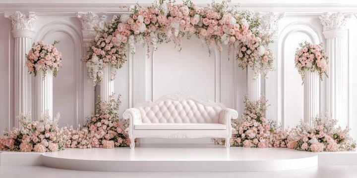 Elegant white floral archway with a light peach couch