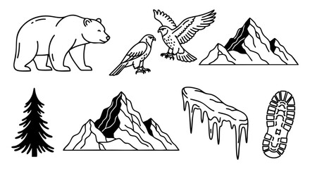 Collection of Vector Illustrations of Mountain Landscape, Wildlife, and Winter Elements for Outdoor Adventures