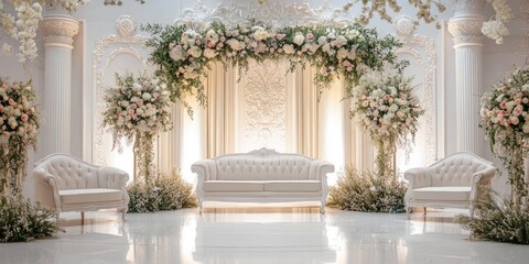 Elegant white wedding ceremony setup with floral arch and seating
