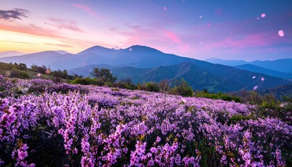 Fototapeta premium Vallata Incantata di Fiori Viola al Tramonto con Ruscello e Montagne Fantasy