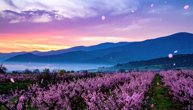 Vallata Incantata di Fiori Viola al Tramonto con Ruscello e Montagne Fantasy