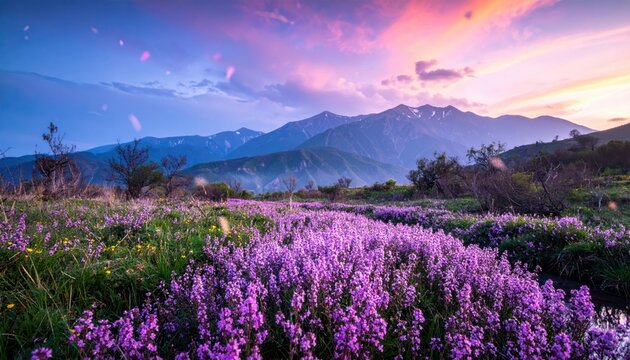 Vallata Incantata di Fiori Viola al Tramonto con Ruscello e Montagne Fantasy