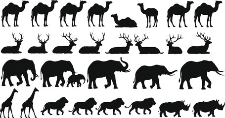 Animal silhouettes collection, camels deer elephants giraffes lions rhinoceroses, black vector illustration, wildlife posture design, minimal creative background art © MdNur