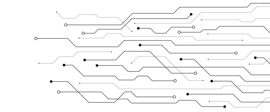 Abstract microelectronics circuit board. Horizontal lines and dots. Technology flow. Clean white background.