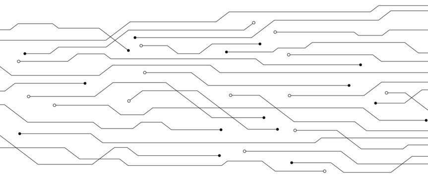 Abstract microelectronics circuit board. Horizontal lines and dots. Technology flow. Clean white background.