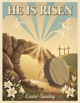 Resurrection of Jesus Christ, Holy Easter Artwork. Retro Poster Vector Graphic