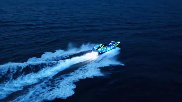 A high-speed, futuristic boat streaks across dark, rippling ocean waters, leaving a frothy wake