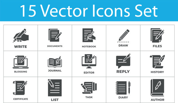 Writing and Documentation vector icon set. Featuring notebook, blogging, journal, files, certificate, and author symbols. Solid style. Vector illustration.