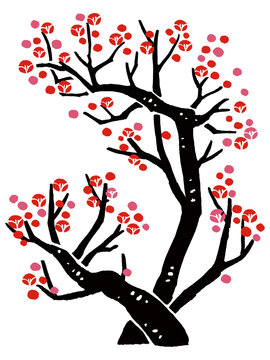 版画風・枝付き梅のベクターイラスト｜和風ボタニカルアート背景・季節デザイン素材