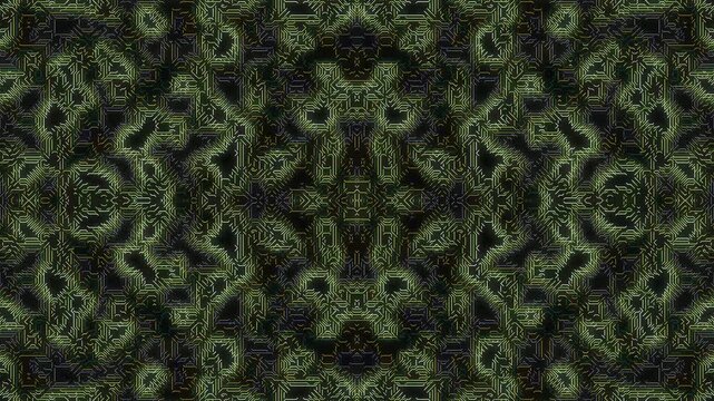 Intricate digital pattern symmetrical green glowing forming on a dark abstract background