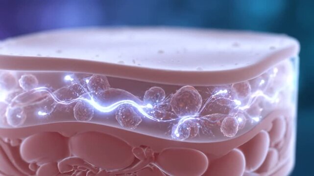 Conceptual microscopic view illustrating intricate cellular activity and glowing energy pathways within dermal layers, representing biological repair and advanced skin vitality