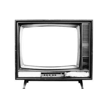 Black and white halftone retro television illustration isolated on white background. Vintage TV set with blank screen in engraved style, classic media and broadcast symbol.