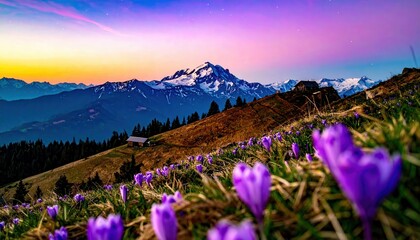 Obraz premium Alba Spettacolare su Prato di Fiori Alpini e Montagne in Primavera