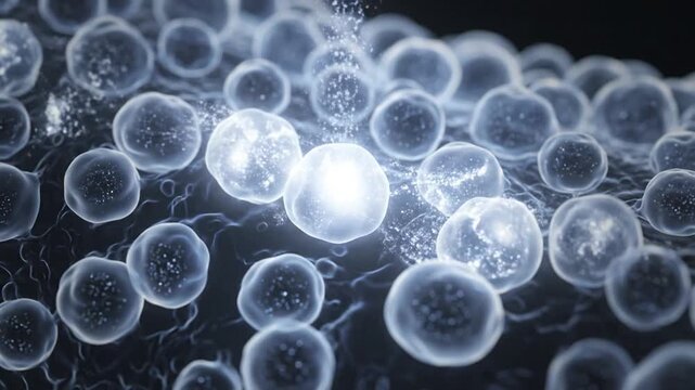Microscopic view of glowing cells undergoing division and replication in a vibrant scientific research setting