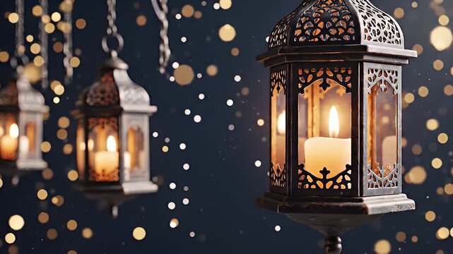Decorative Ramadan Lanterns with Glowing Candles and Bokeh Lights on a Dark Blue Background, Festive