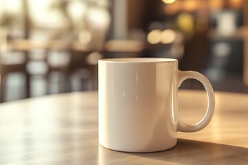 Fototapeta premium Empty white mug on light wooden table in cafe