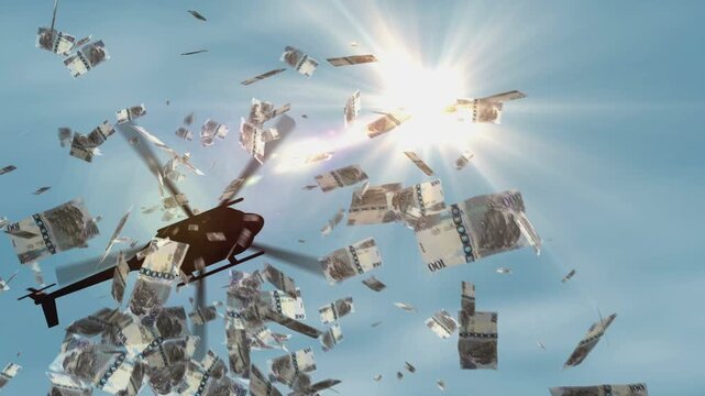 Botswana pula Botswanan money banknotes helicopter money dropping. 100 BWP notes abstract 3d concept of inflation, money printing, finance, economy, crisis and quantitative easing.