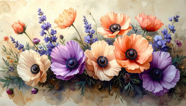 Composizione Floreale con Anemoni Colorati, Fiori di Lavanda e Sfondo Acquerello