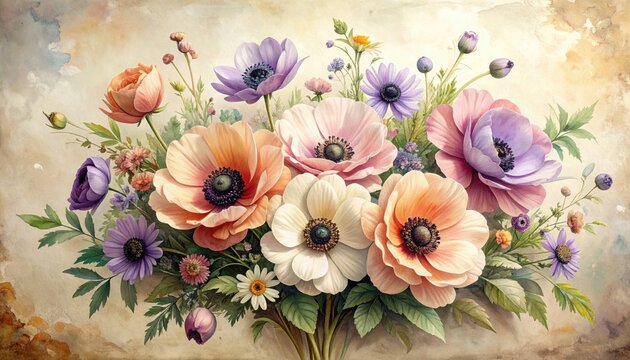 Composizione Floreale con Anemoni Colorati, Fiori di Lavanda e Sfondo Acquerello