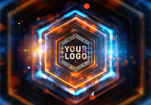 Hexagonal Logo Mockup with Glowing Orange and Blue Halos