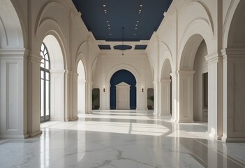 Fototapeta premium Luxurious white arched hallway with blue ceiling and marble floor, elegant interior design, spacious architecture