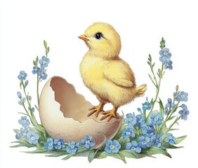 Vintage yellow chick emerging from eggshell surrounded by blue flowers for cheerful holiday decorations and greetings