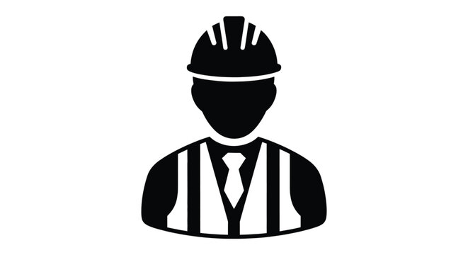 Simple black and white vector graphic illustration of a construction worker or engineer wearing a protective hard hat icon.