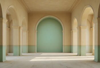 Fototapeta premium Empty traditional Islamic mosque interior with green archway and white columns minimalist architecture sunlight